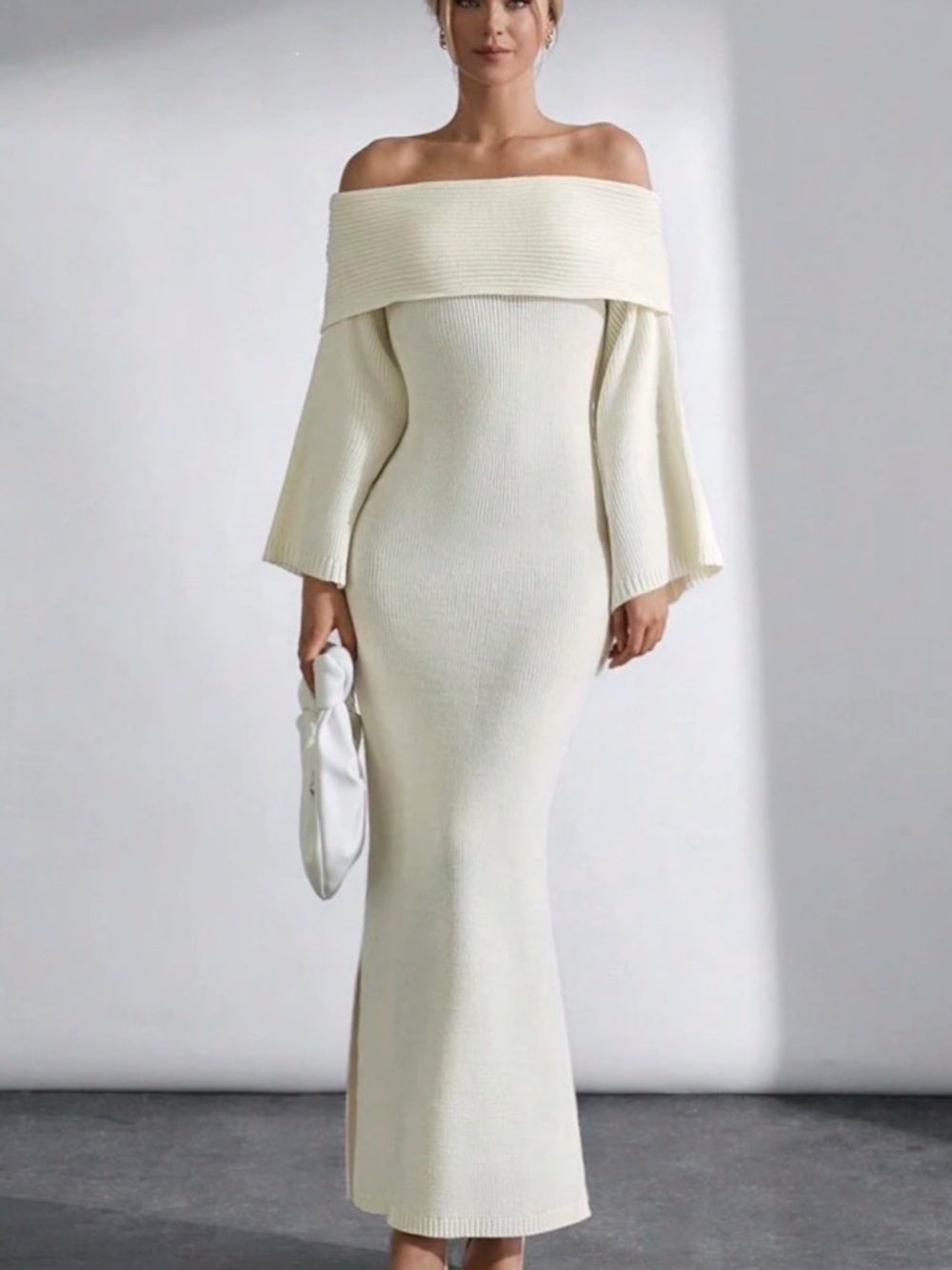 Off-Shoulder Cream Knit Maxi Dress